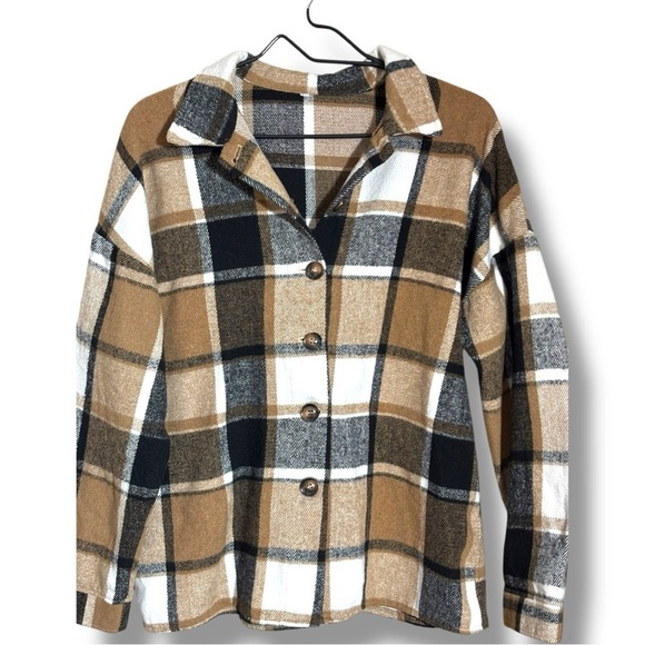 Unbranded Women's Long Sleeve Button Down Tan/Black/White Loose Flannel Shirt - Picture 8 of 15